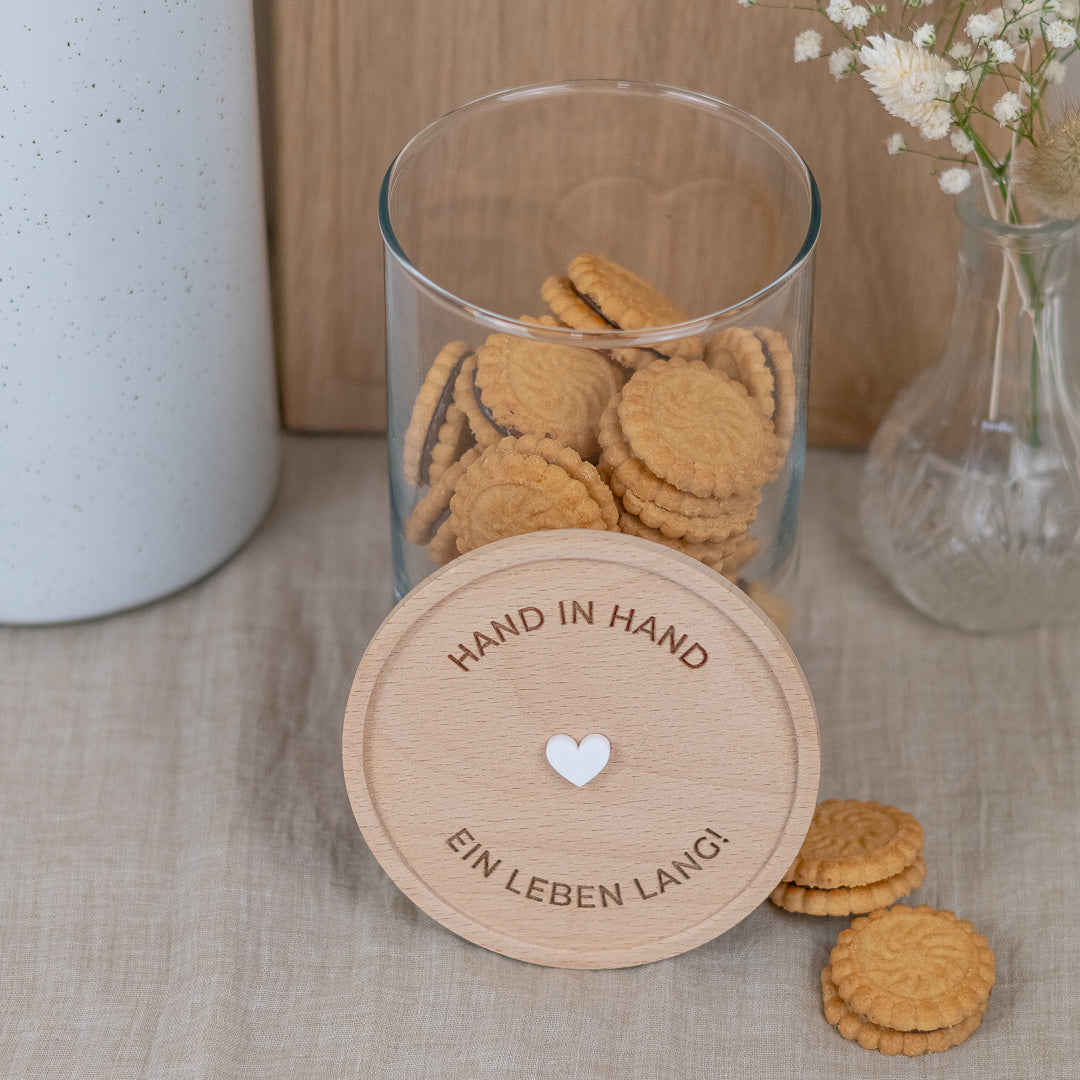 Keksdose zur Hochzeit aus Glas mit Holzdeckel "Hand in Hand"