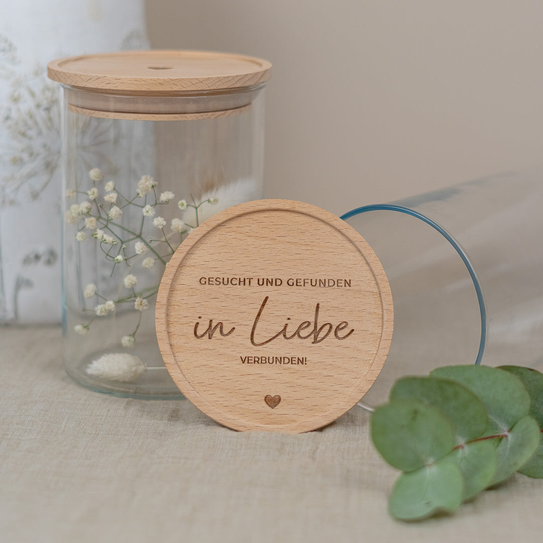 Keksdose zur Hochzeit aus Glas mit Holzdeckel "In Liebe verbunden"