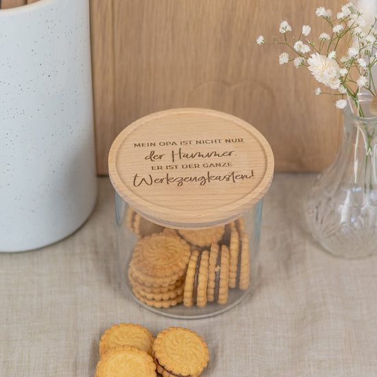 Keksdose für Männer aus Glas mit Holzdeckel "Werkzeugkasten"