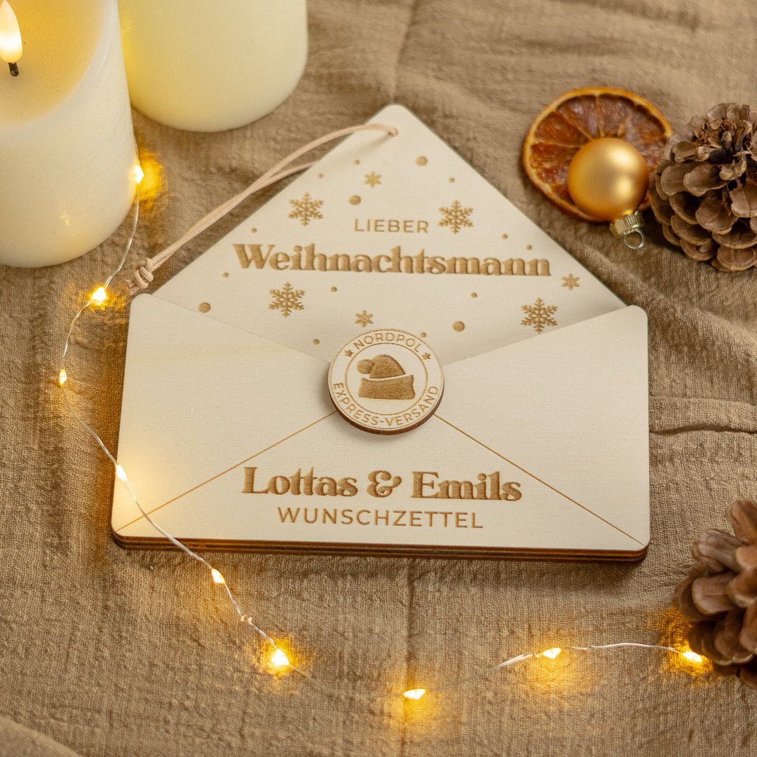 Wunschzettel personalisiert zu Weihnachten aus Holz "Schneeflocke"