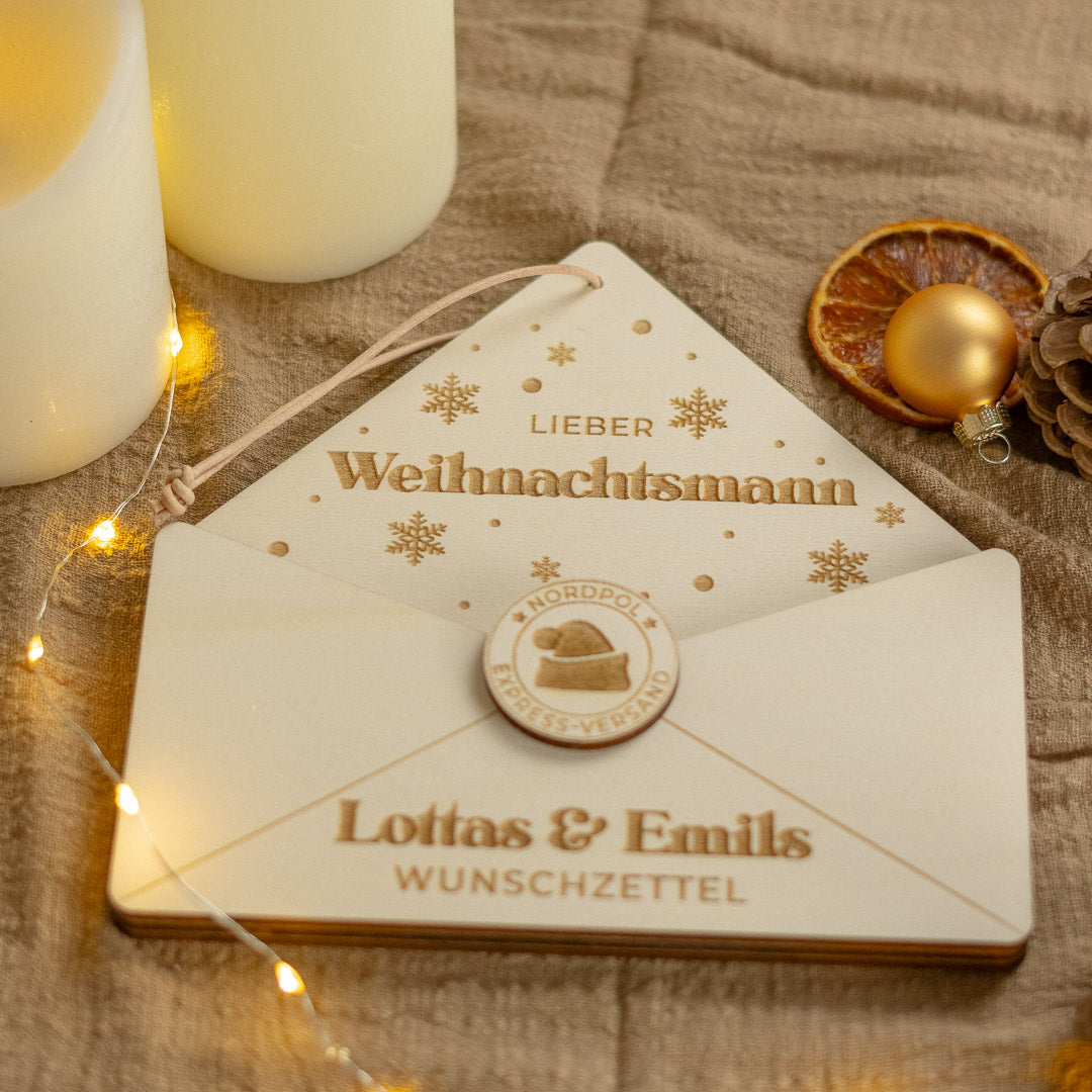 Wunschzettel personalisiert zu Weihnachten aus Holz "Schneeflocke"