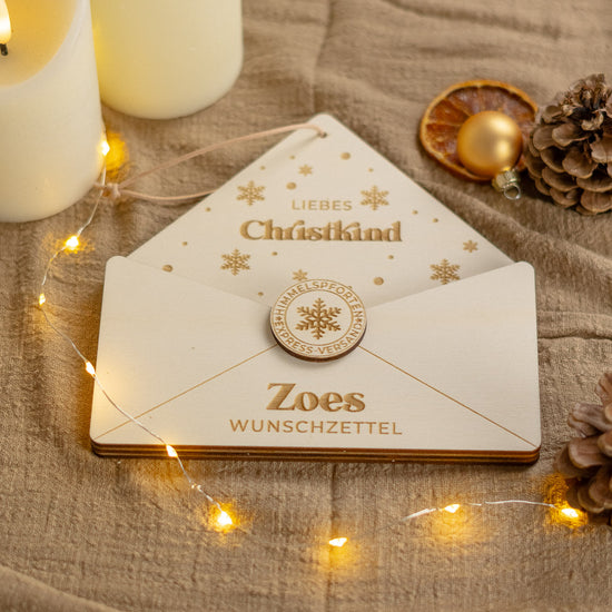 Wunschzettel personalisiert zu Weihnachten aus Holz "Schneeflocke"